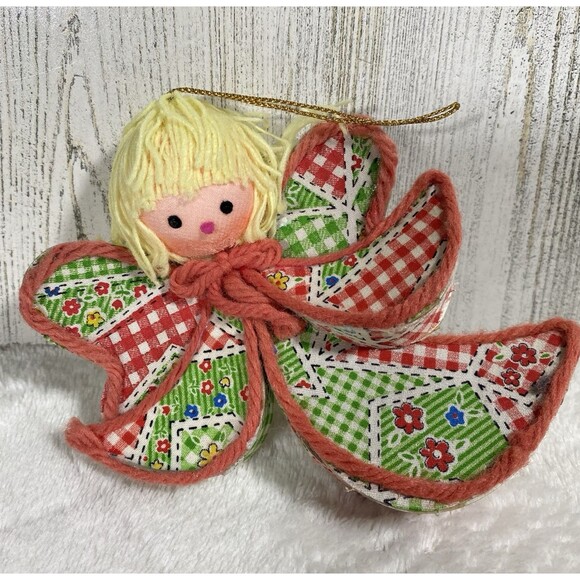 Vtg Patchwork Angel Christmas Ornament Balsa Wood Yarn Hair Cottagecore Eclectic - Picture 1 of 5